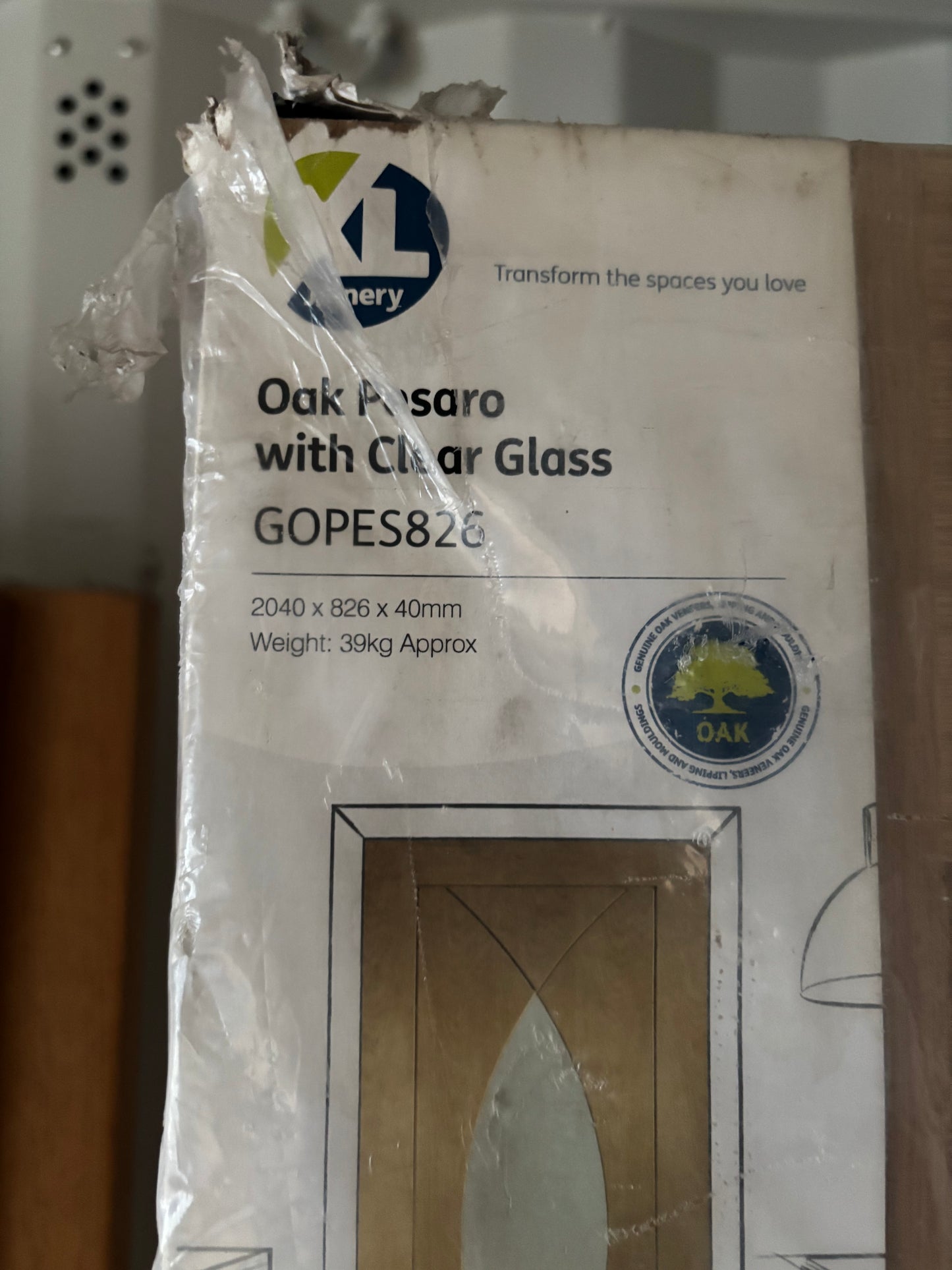 Internal Oak Pesaro with Clear Glass - Unfinished, 2040 x 826 x 40 mm