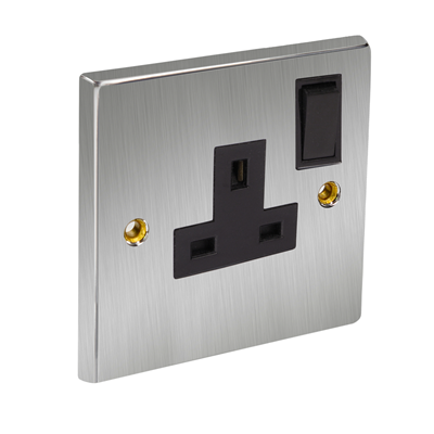 Satin Chrome Switched Socket Single 13Amp Black insert