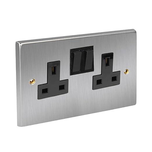 Rectangular Wall Socket Double Wall Socket with Black Inserts, 13A, Satin Chrome Finish – Homefit