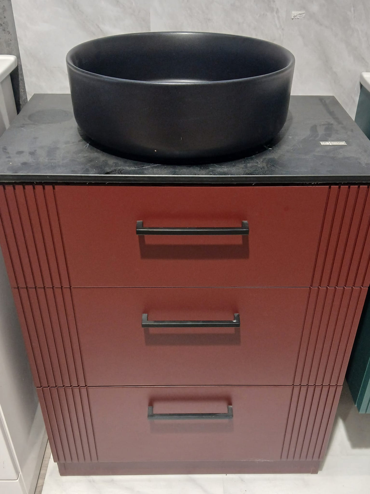 600mm burgundy floor standing unit x display with black counter top and bowl