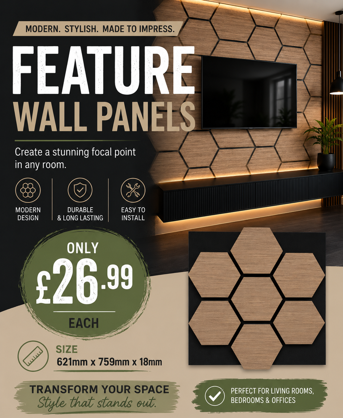 Hexagon Acoustic Feature Wall Panel Light Walnut 621mm x 759mm x 18mm
