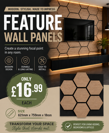 Hexagon Acoustic Feature Wall Panel Light Walnut 621mm x 759mm x 18mm